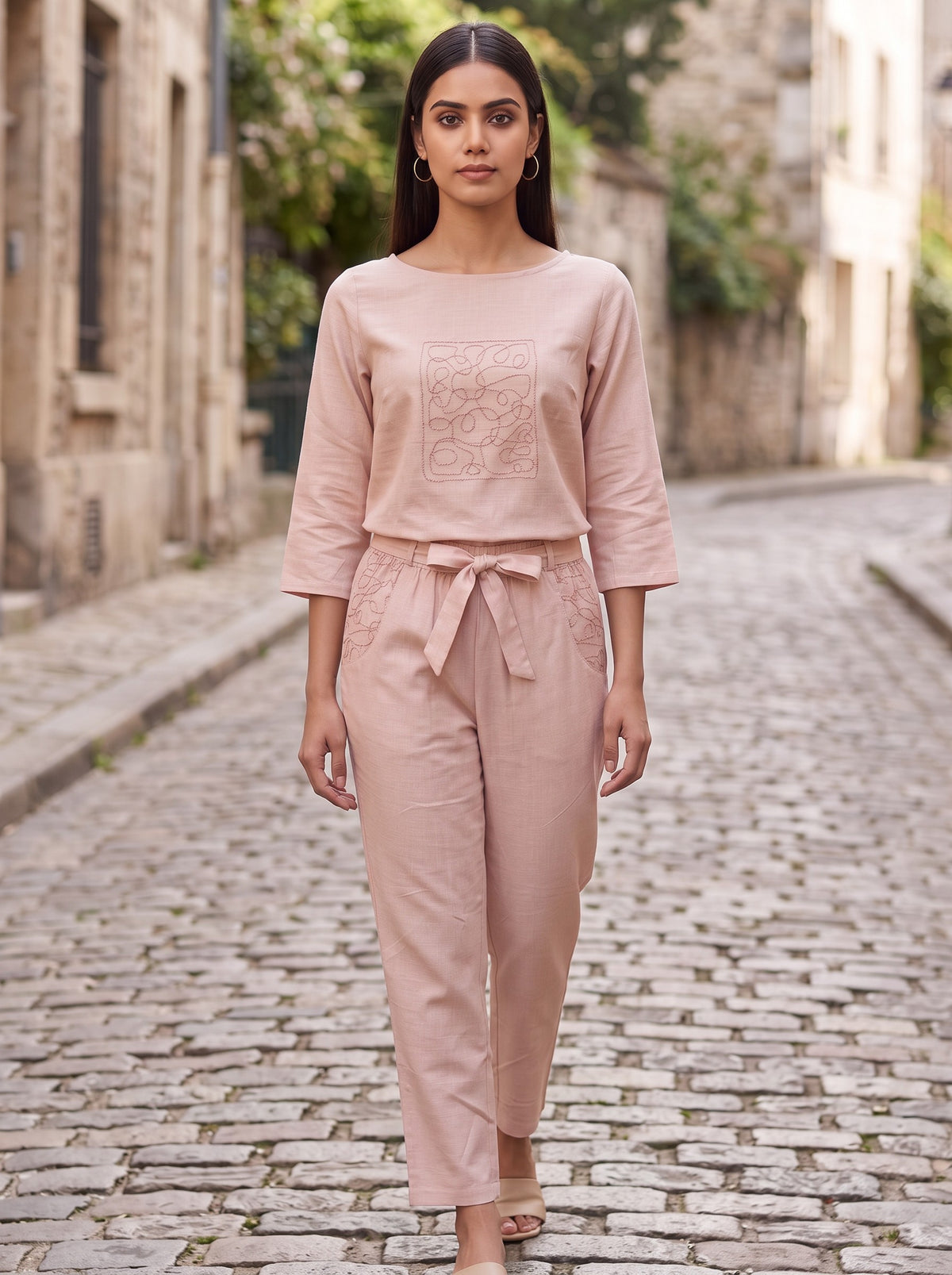 Pink Linen Embroidered Co-ord
