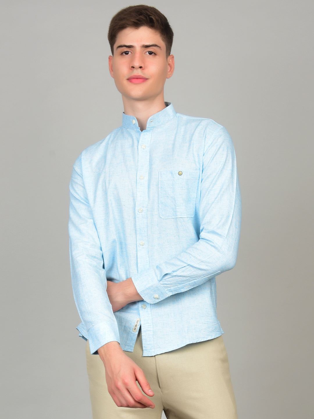 Natural Linen Mandarin Collar Blue Shirt