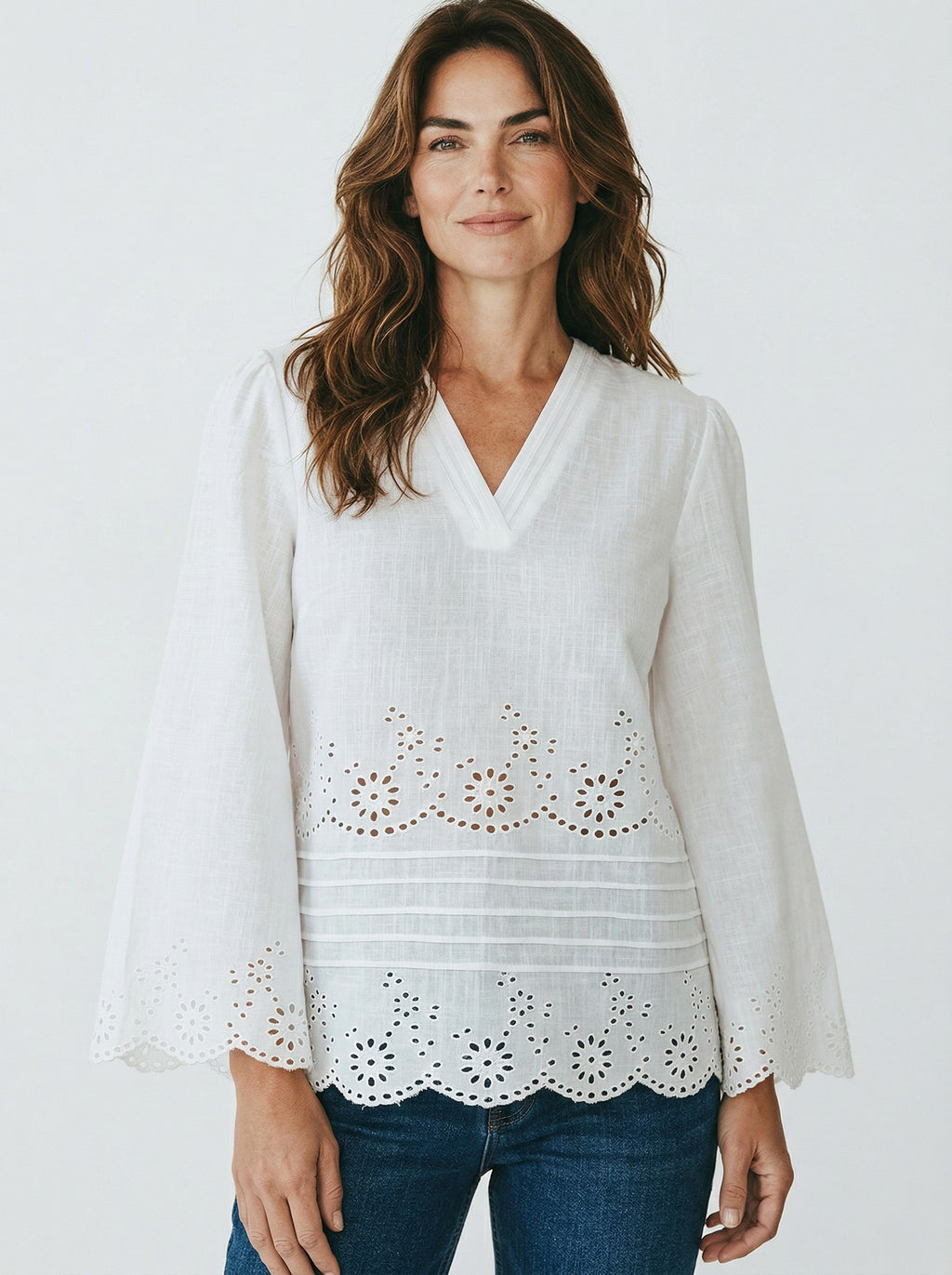 White Schiffli Bell Sleeve Top