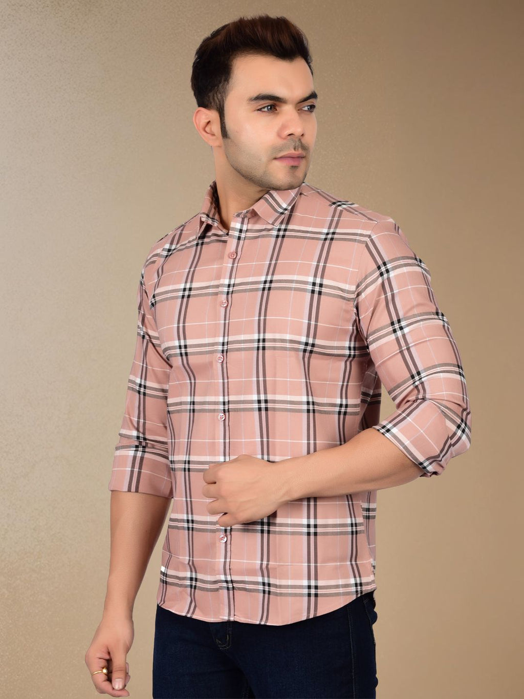 Soft Peach Plaid Check Shirt