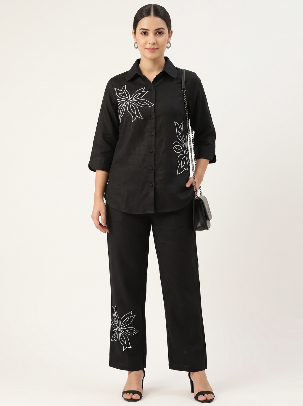 Black Flower Embroidered Linen Top and Pant Co-ord Set
