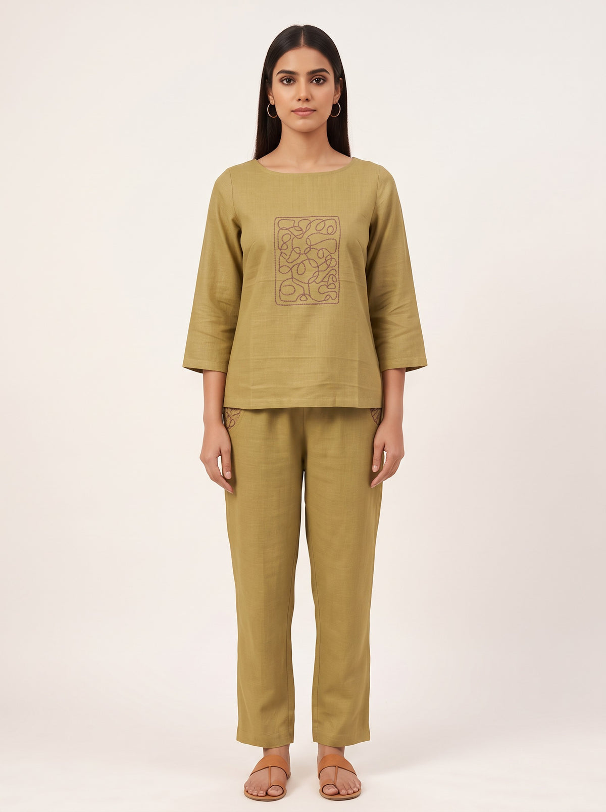 Mustard Linen Embroidered Co-ord