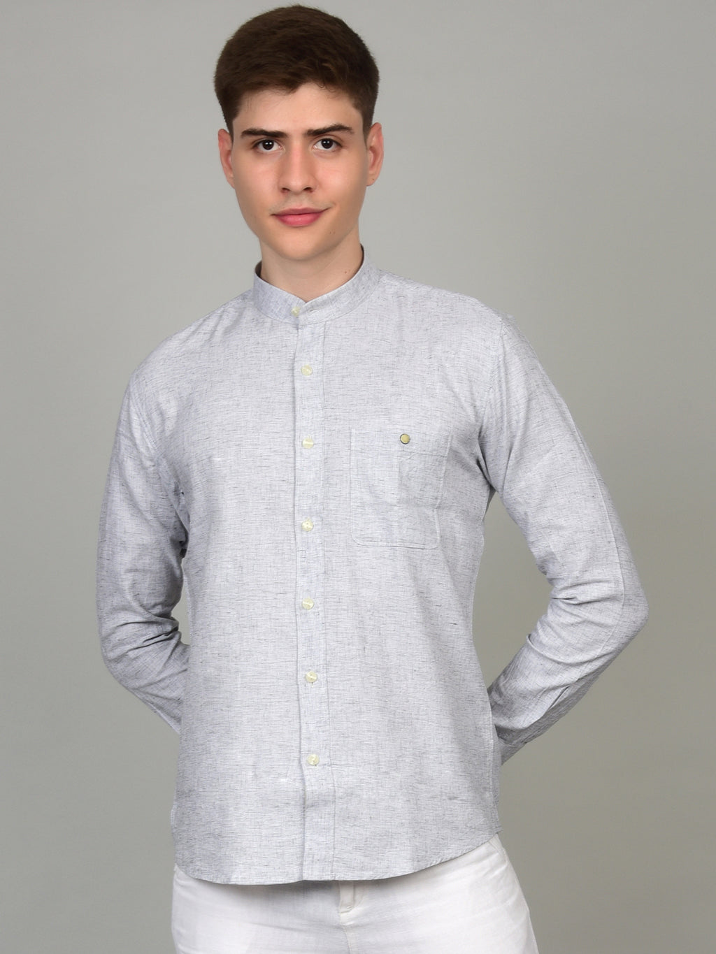 Natural Linen Mandarin Collar Grey Shirt
