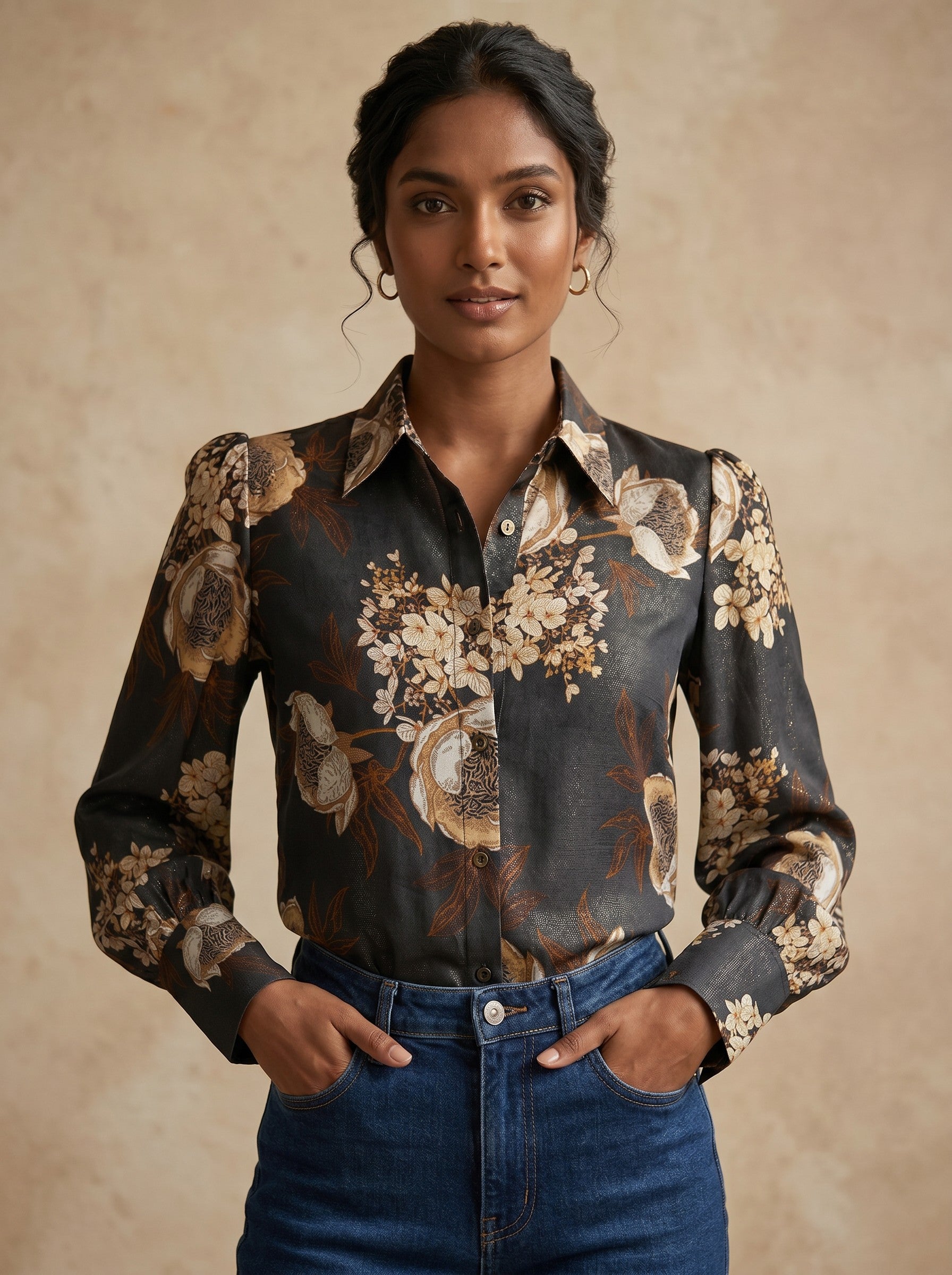 Floral Shimmer Black Printed Party Top