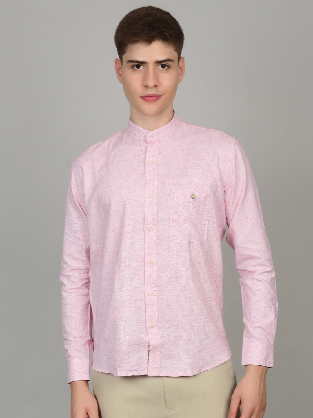 Natural Linen Mandarin Collar Pink Shirt