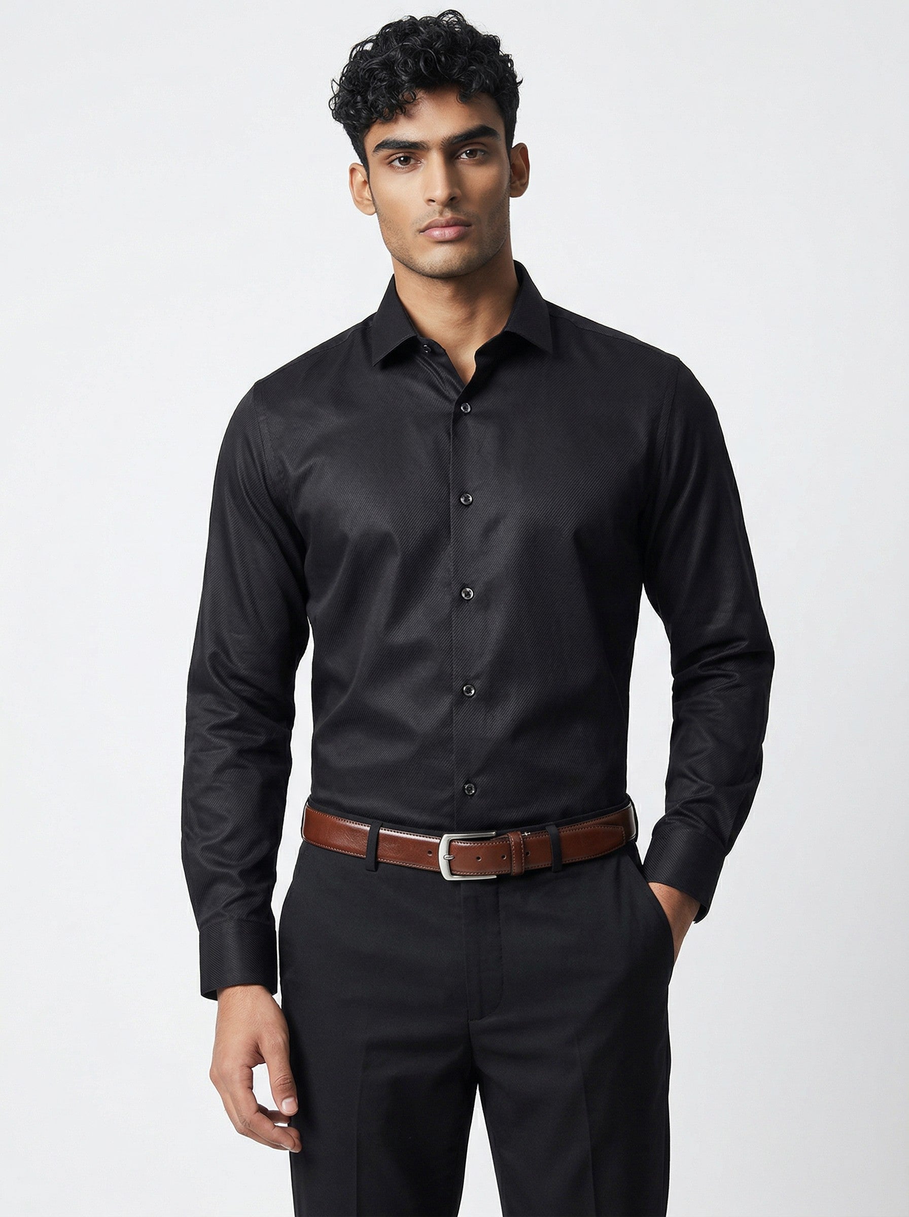 Self Textured Black Formal Shirt