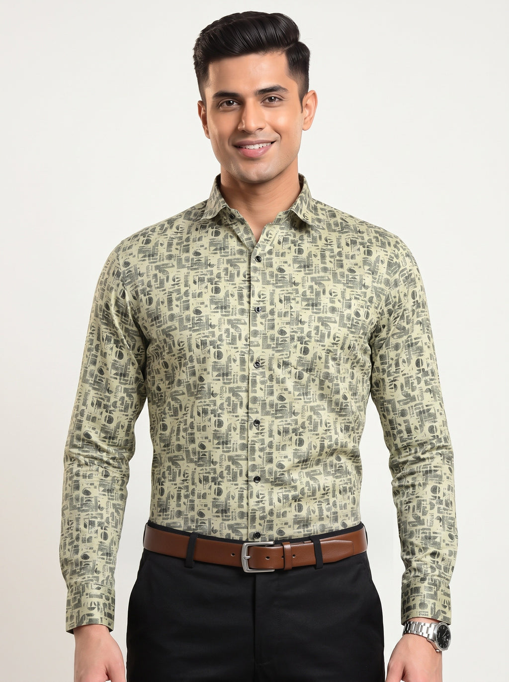 Olive Beige Abstract Print Shirt