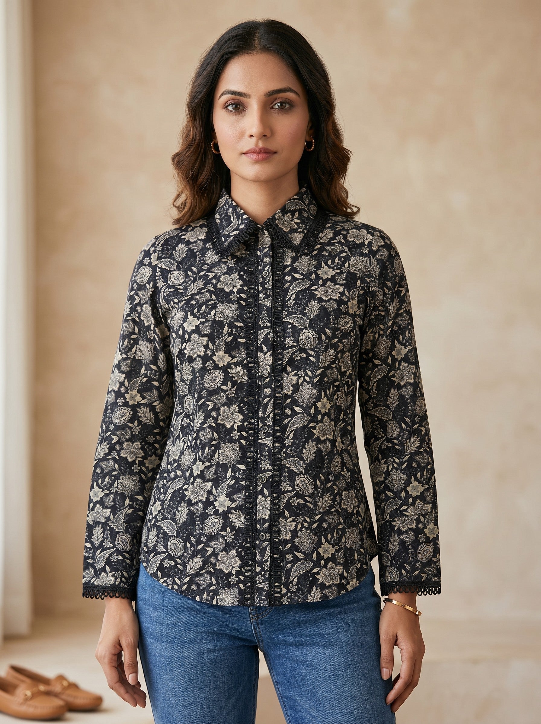 Black Floral Print Lace Top