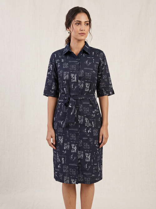 Blackish Blue Printed Shirt Dress