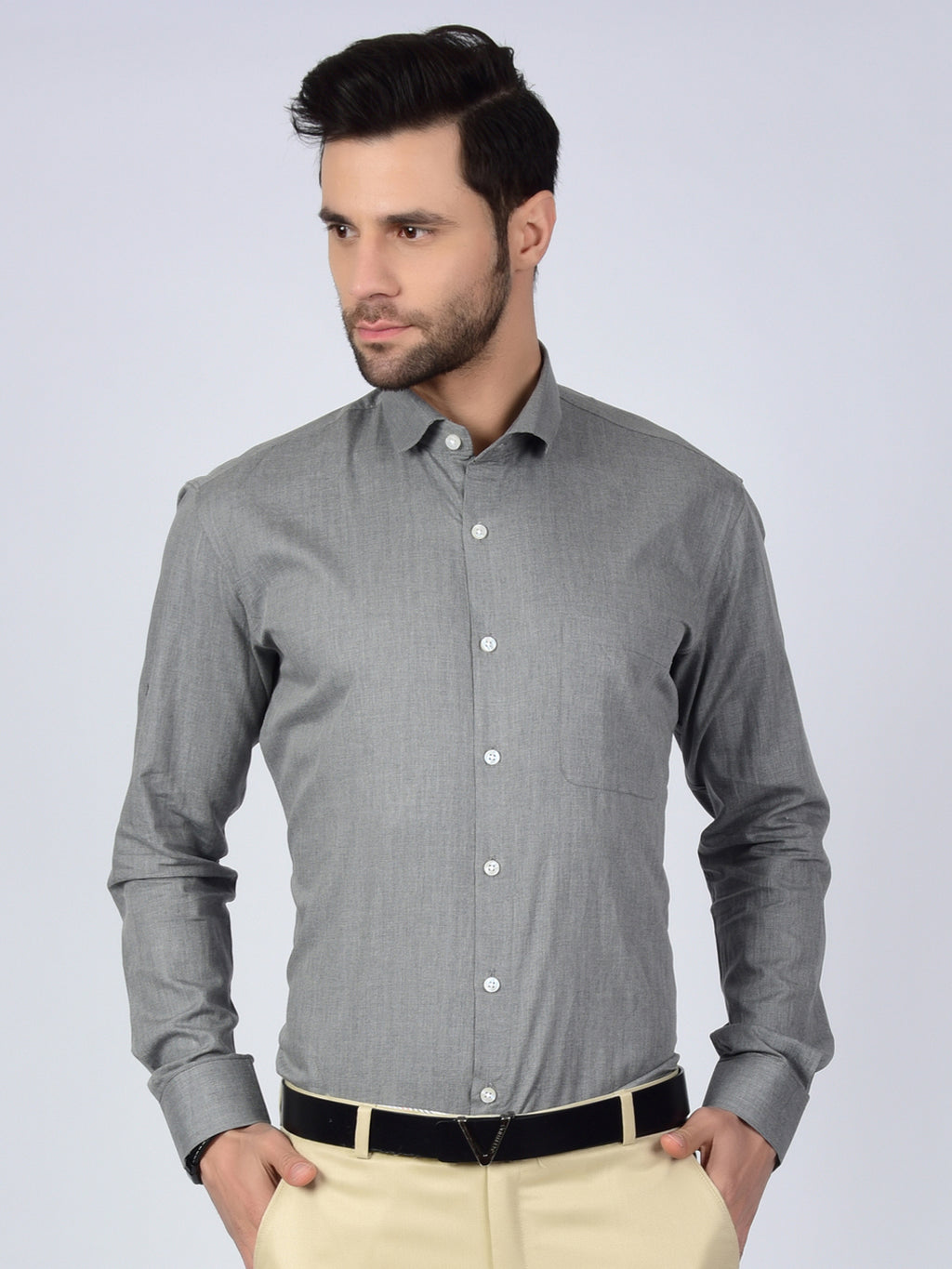 Herringbone Weave Solid Grey Men Formal Shirt