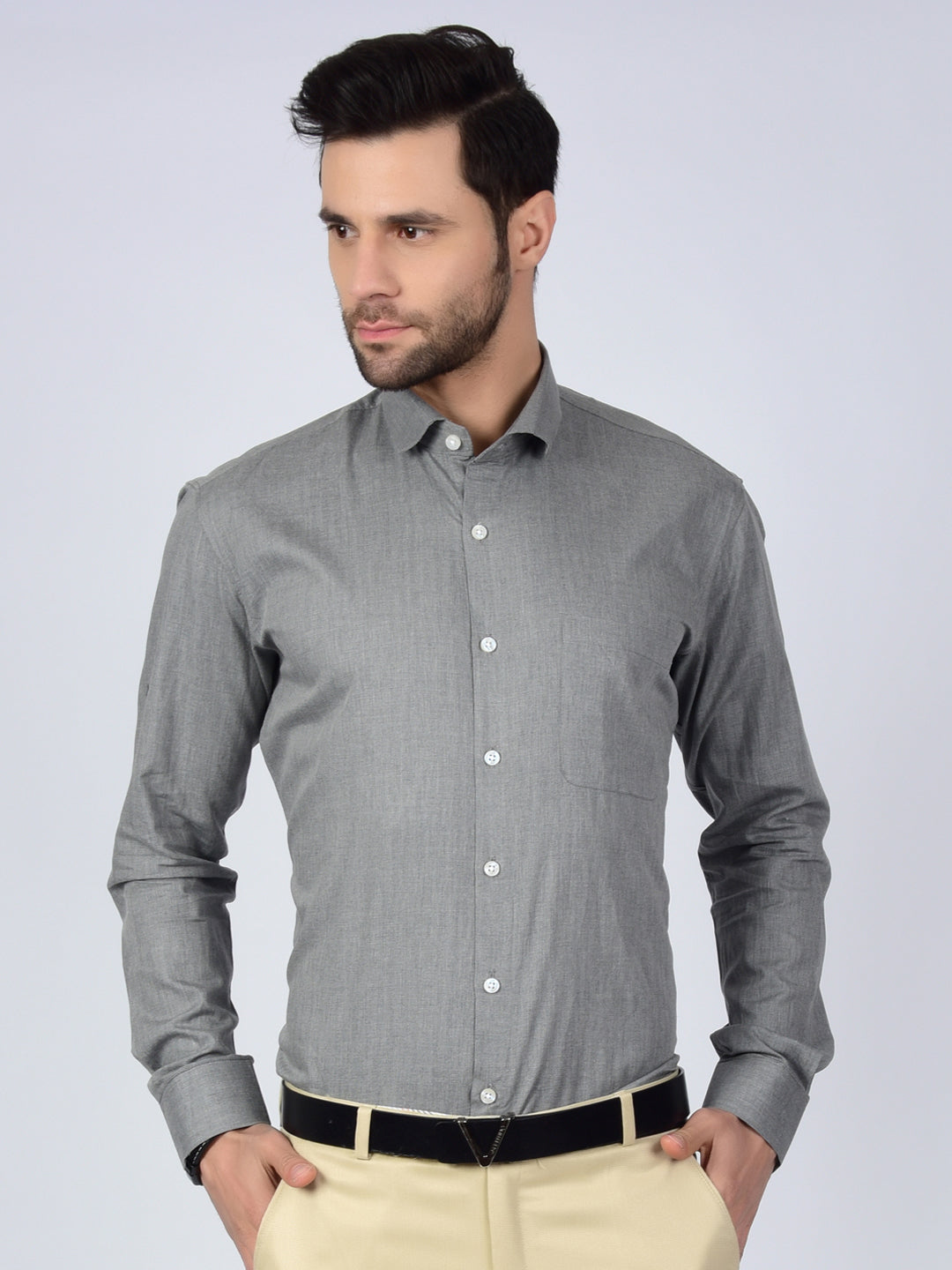 Herringbone Weave Solid Grey Men Formal Shirt