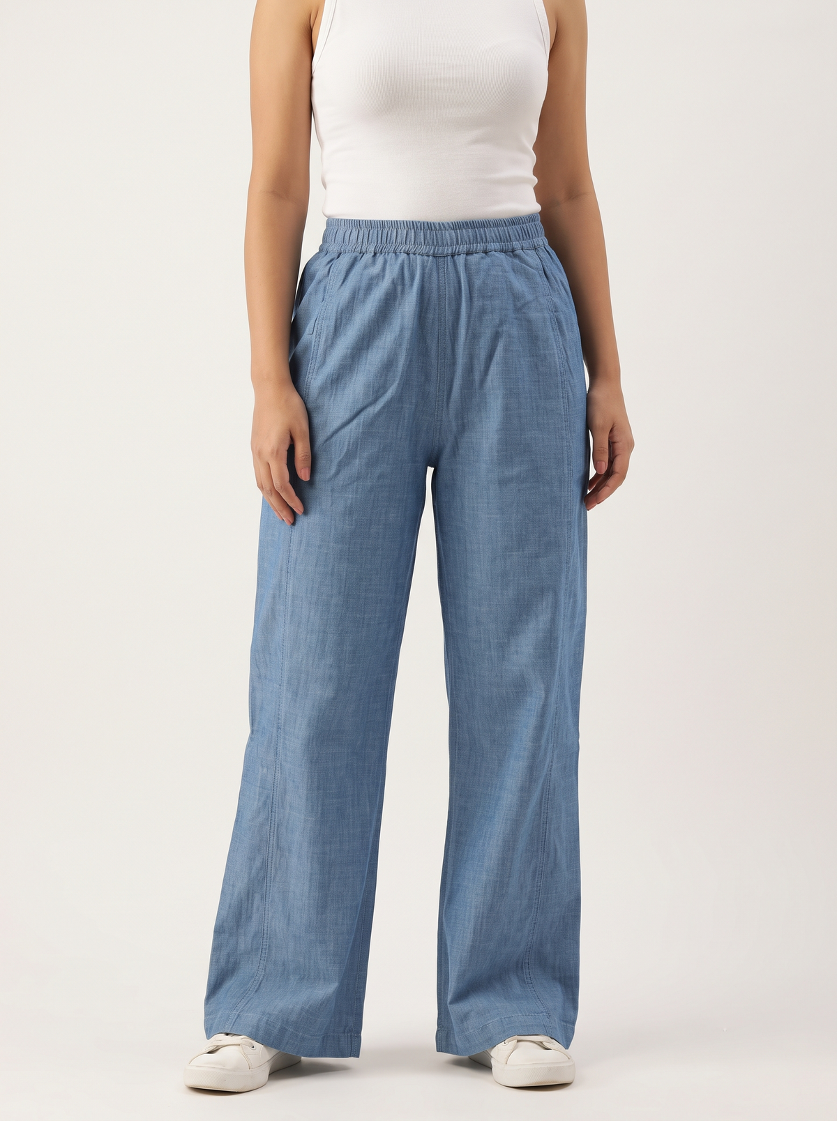Blue Washed Denim Wide Leg Boot Cut Fit Lower Pants