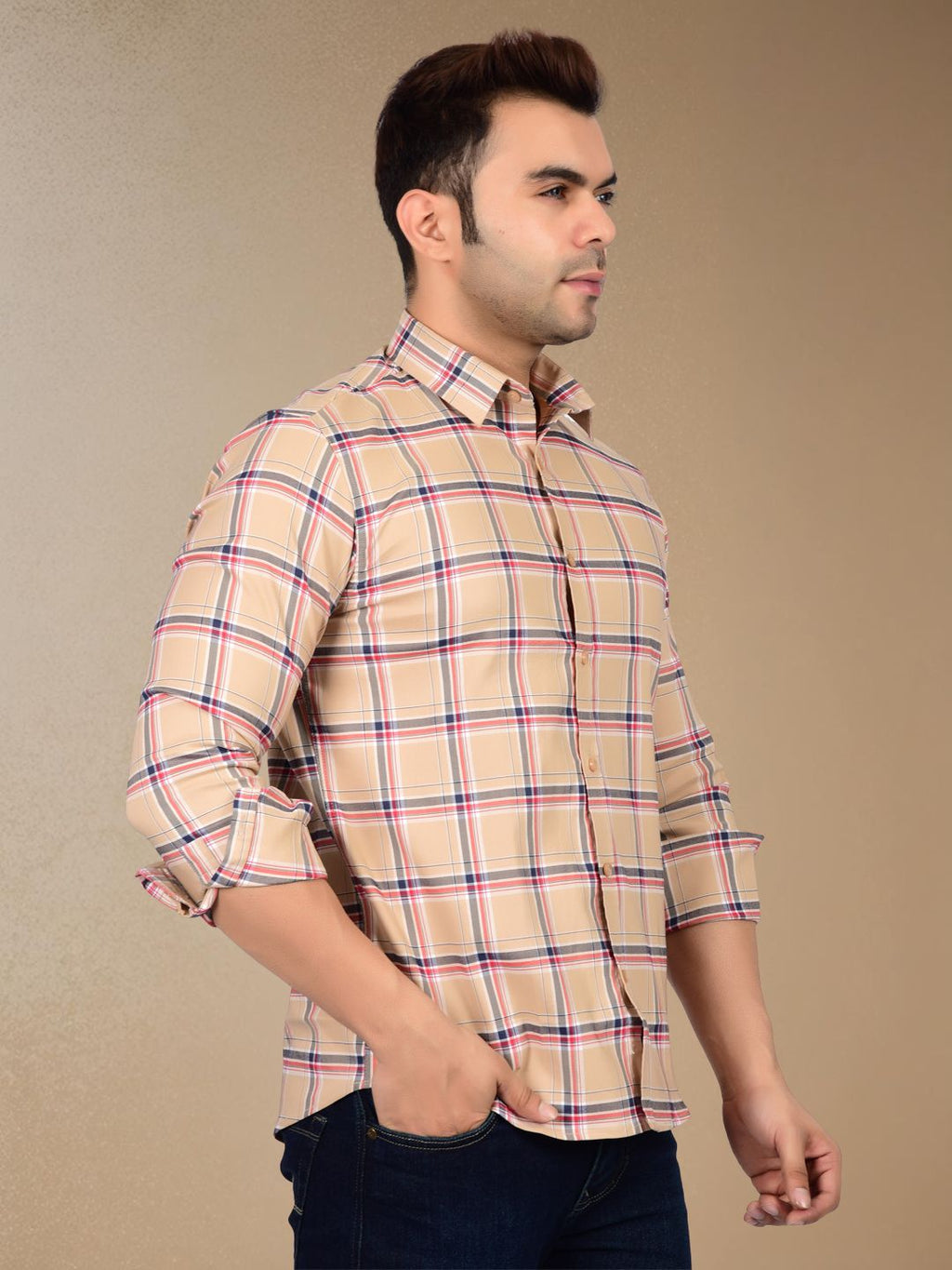 Subtle Beige Plaid Check Shirt