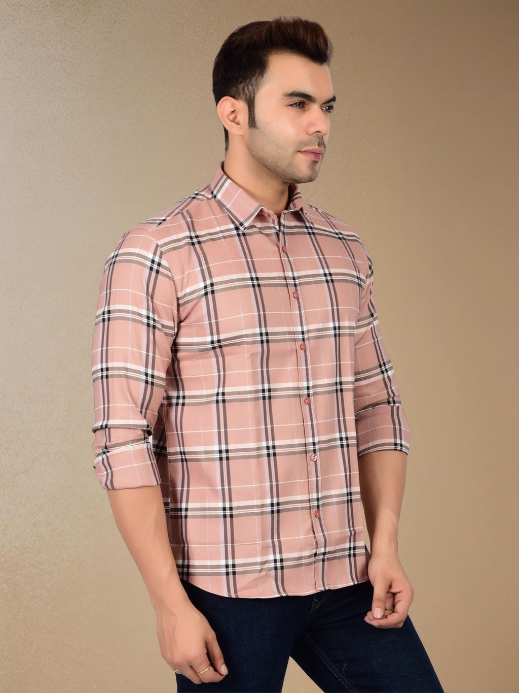 Soft Peach Plaid Check Shirt