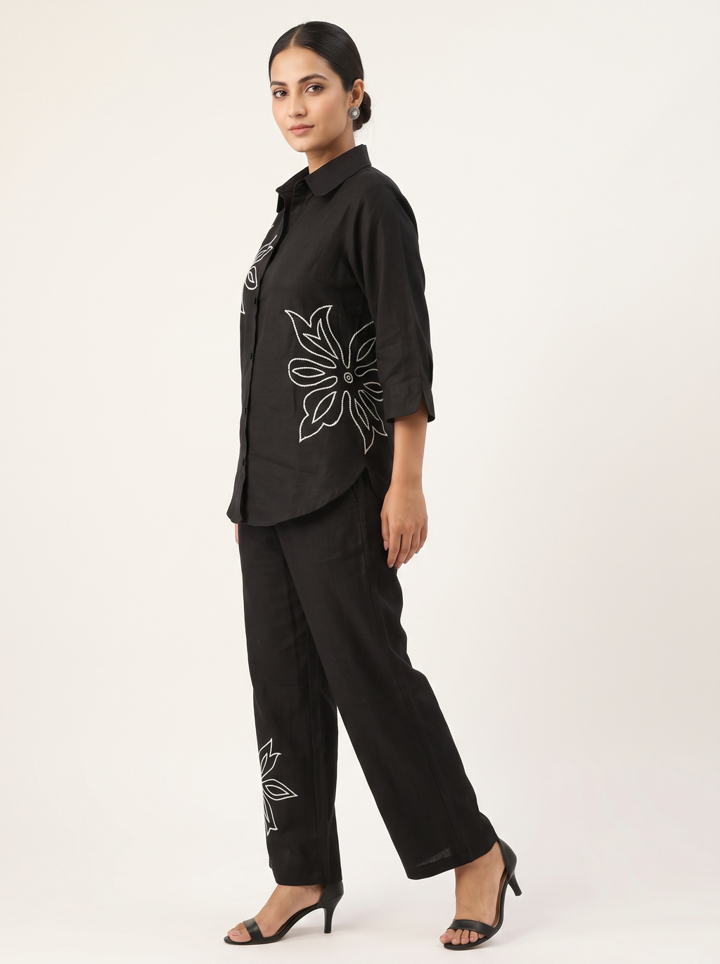 Black Flower Embroidered Linen Top and Pant Co-ord Set