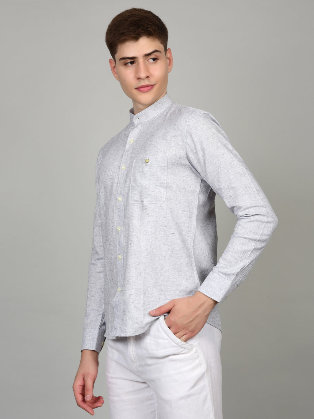 Natural Linen Mandarin Collar Grey Shirt