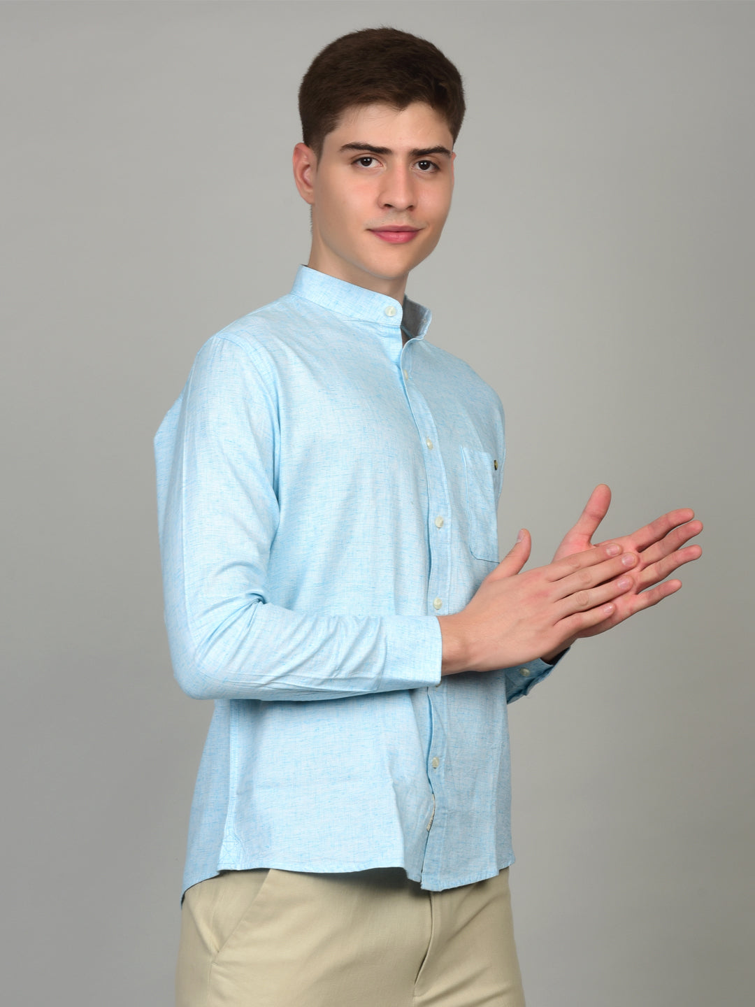 Natural Linen Mandarin Collar Blue Shirt