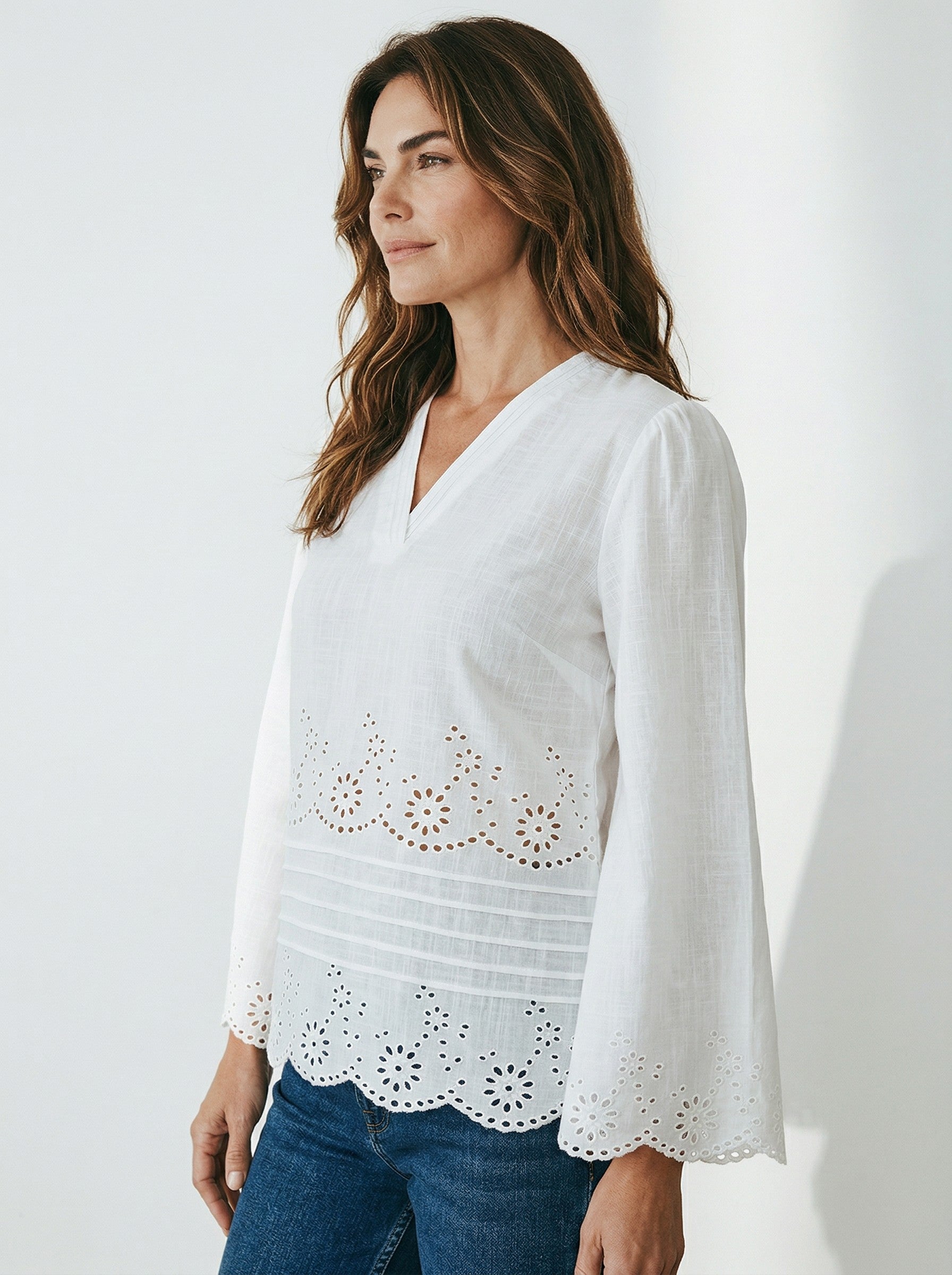 White Schiffli Bell Sleeve Top