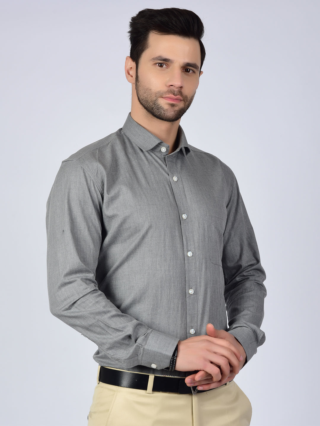 Herringbone Weave Solid Grey Men Formal Shirt