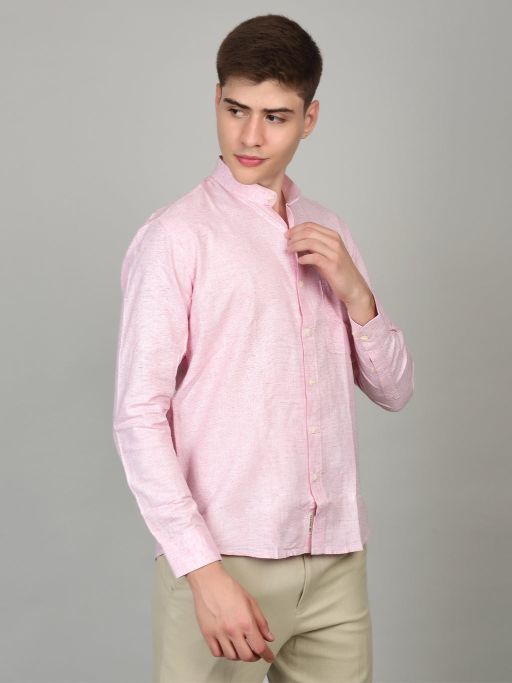 Natural Linen Mandarin Collar Pink Shirt
