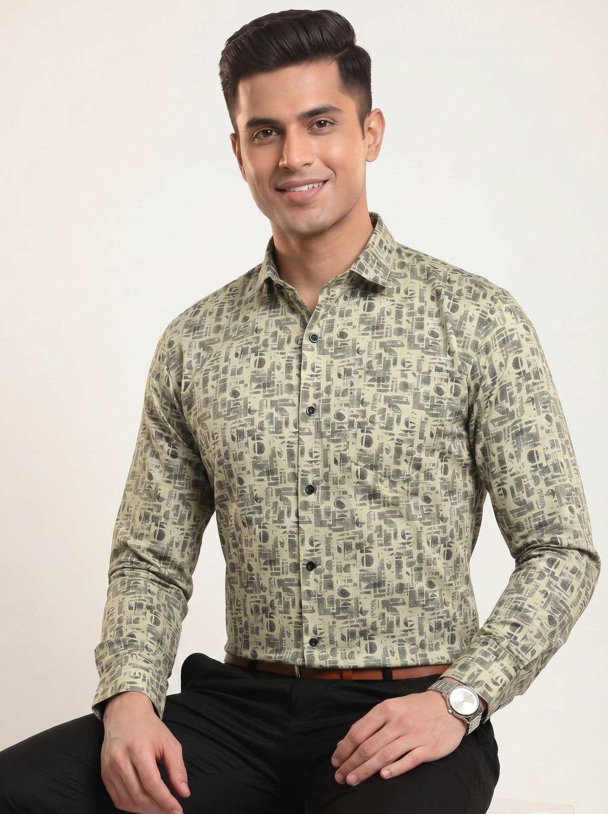 Olive Beige Abstract Print Shirt