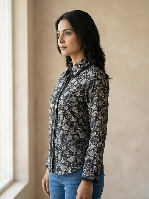 Black Floral Print Lace Top