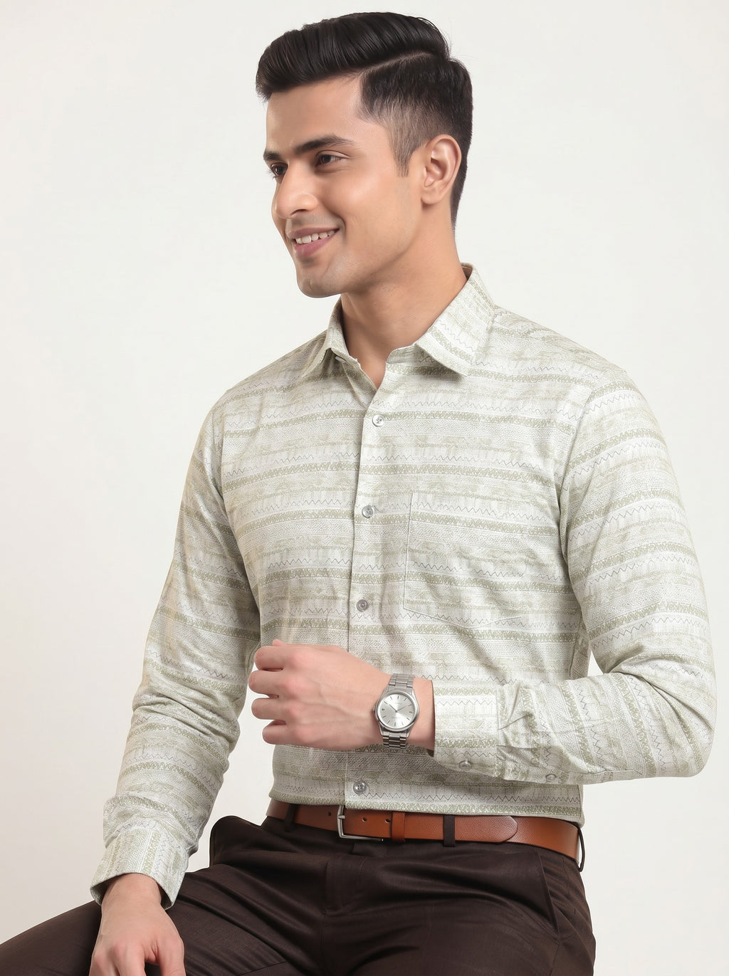 Ivory Green Ethnic Chevron Shirt