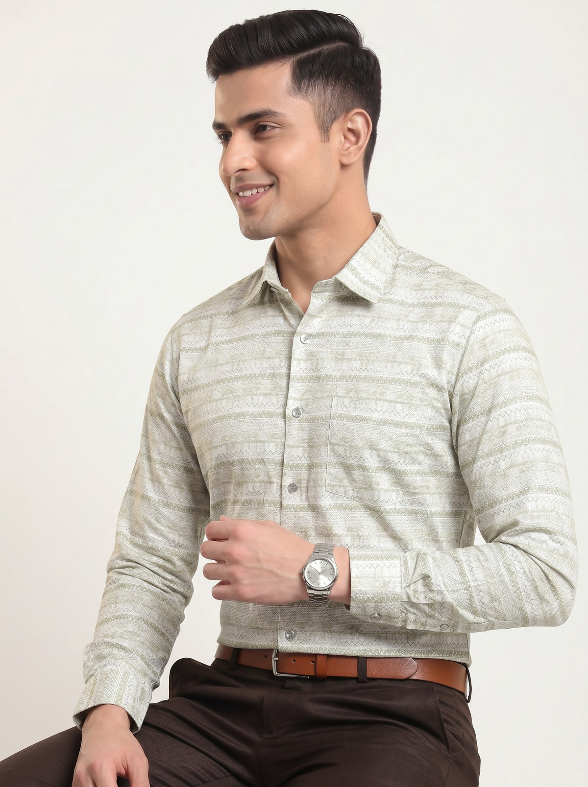 Ivory Green Ethnic Chevron Shirt