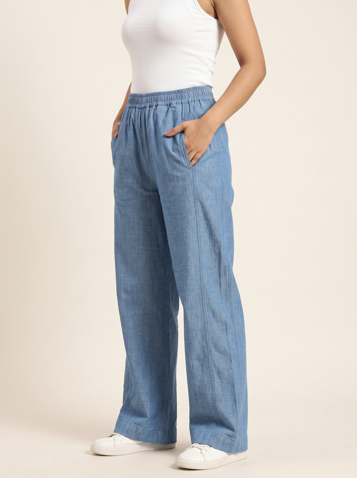 Blue Washed Denim Wide Leg Boot Cut Fit Lower Pants