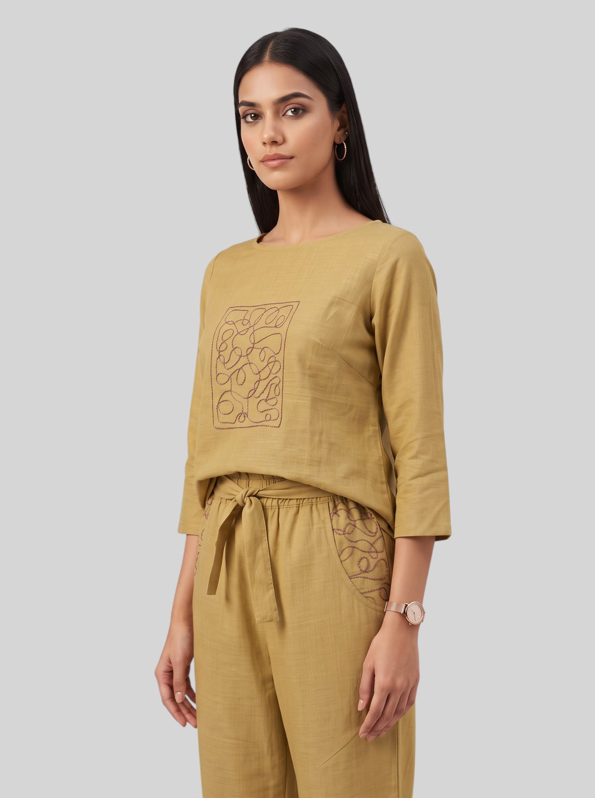 Mustard Linen Embroidered Co-ord