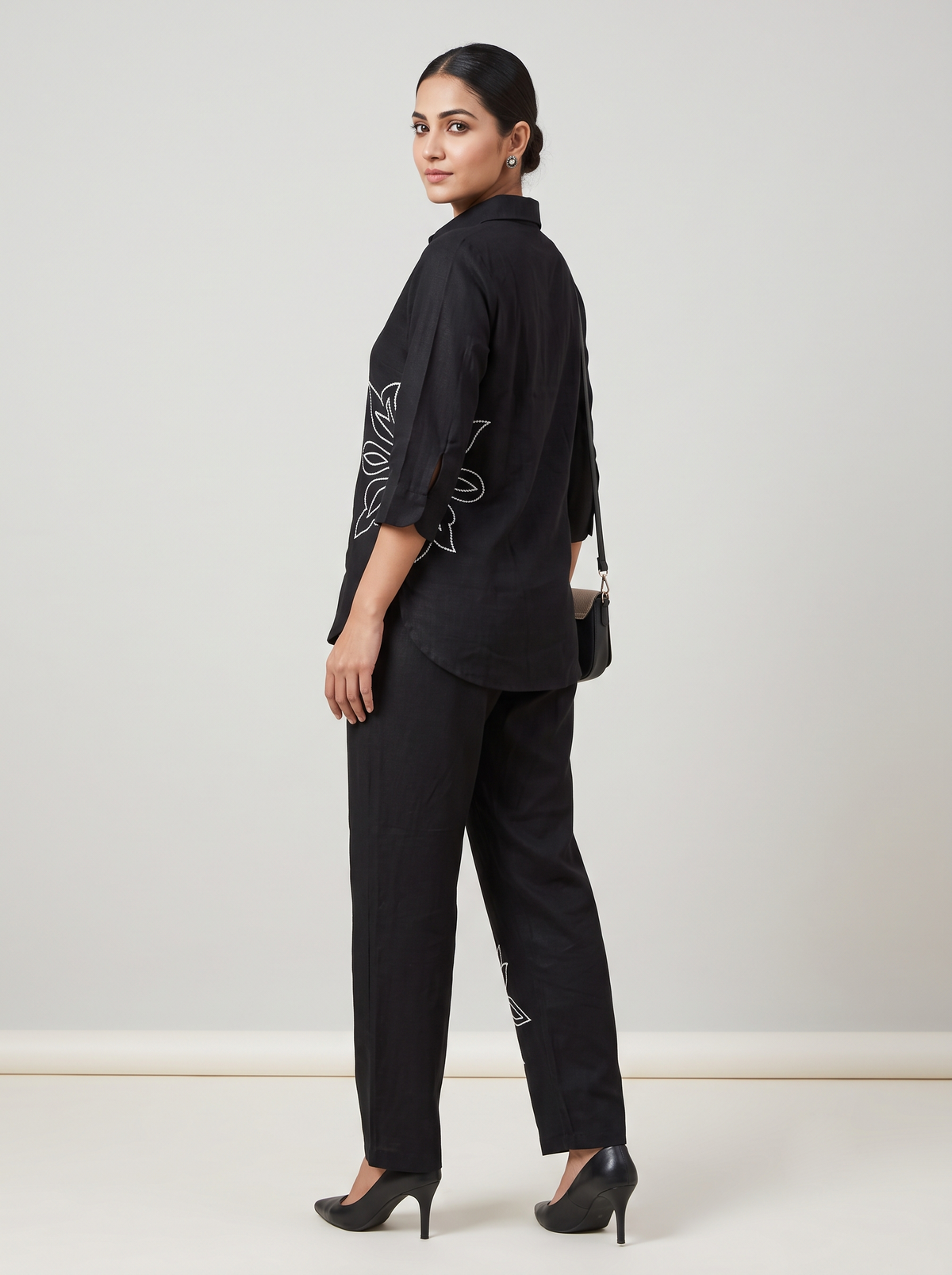 Black Flower Embroidered Linen Top and Pant Co-ord Set