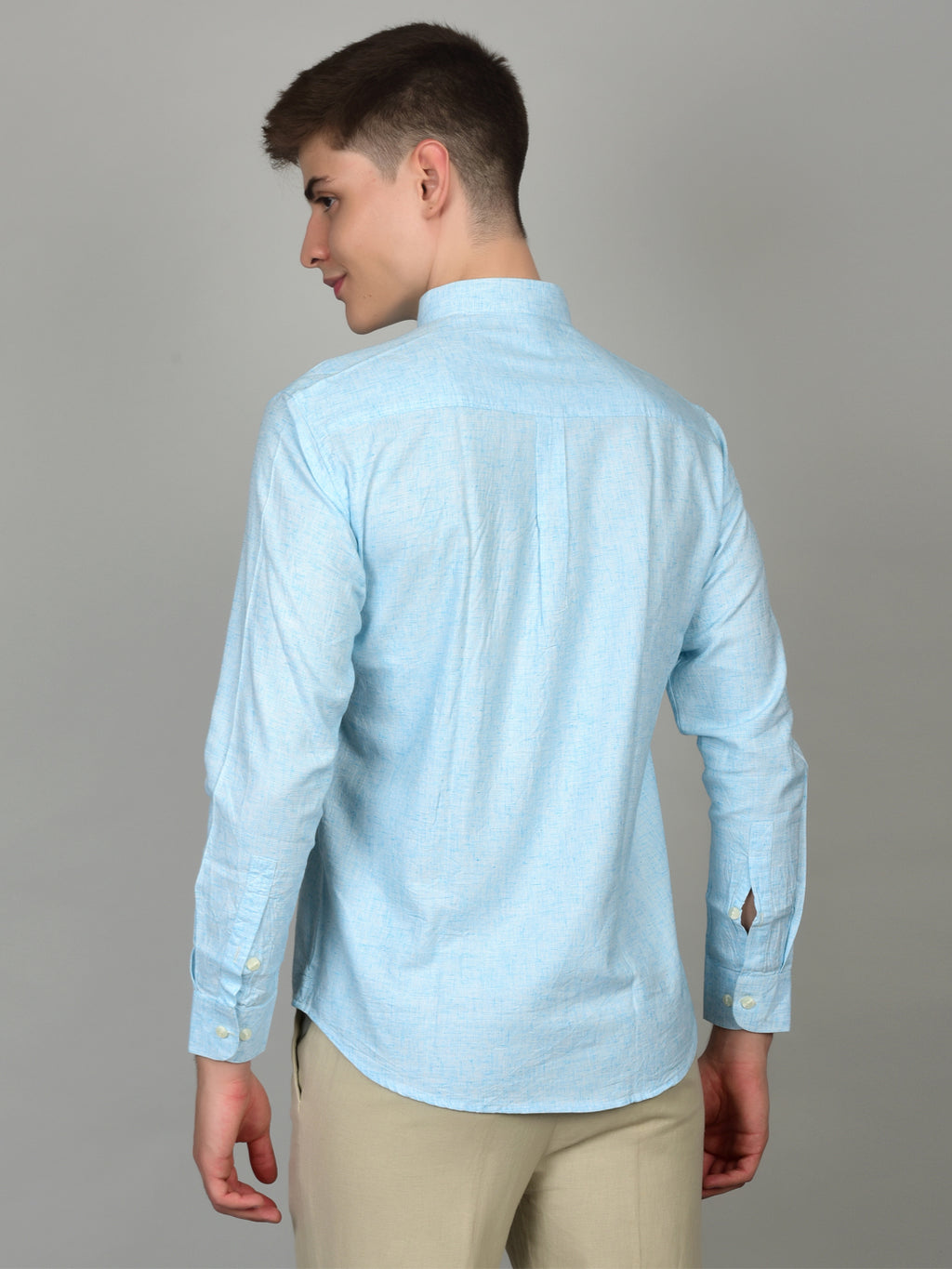 Natural Linen Mandarin Collar Blue Shirt