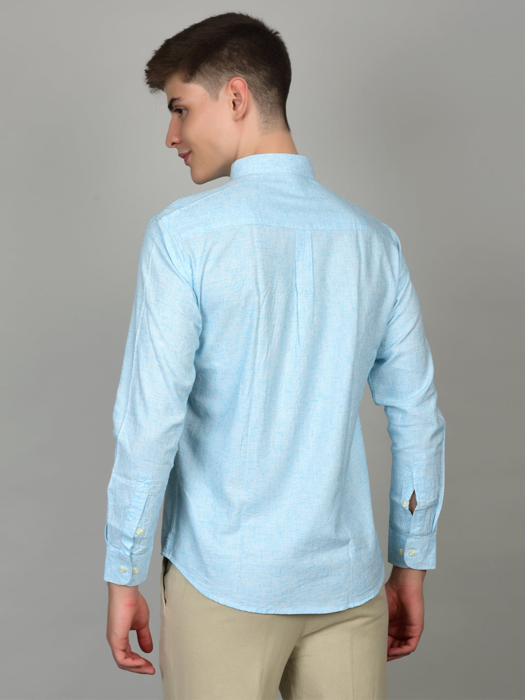 Natural Linen Mandarin Collar Blue Shirt
