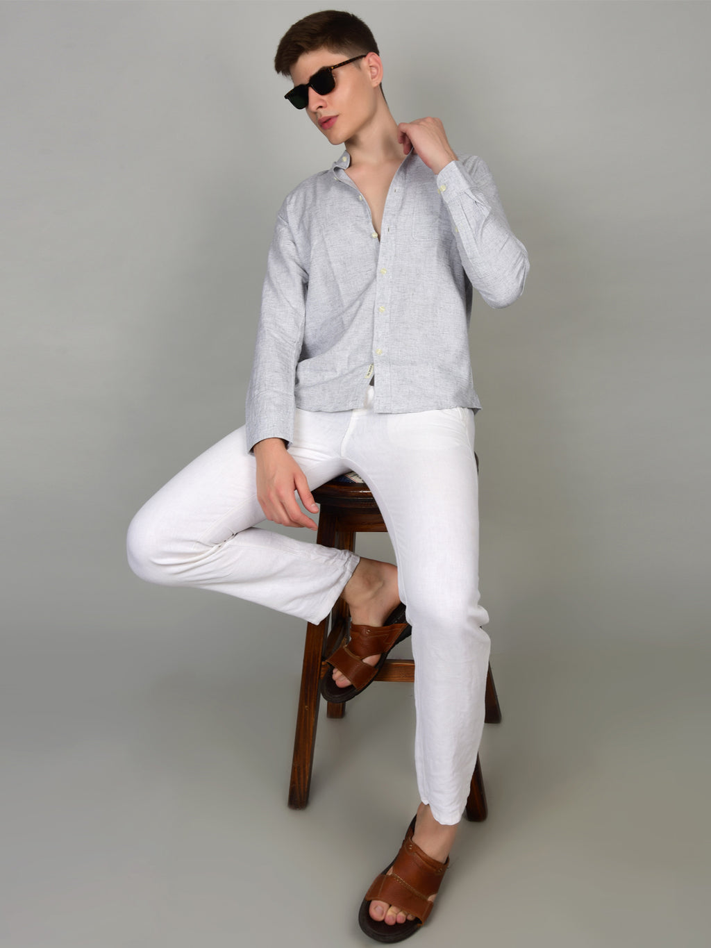 Natural Linen Mandarin Collar Grey Shirt