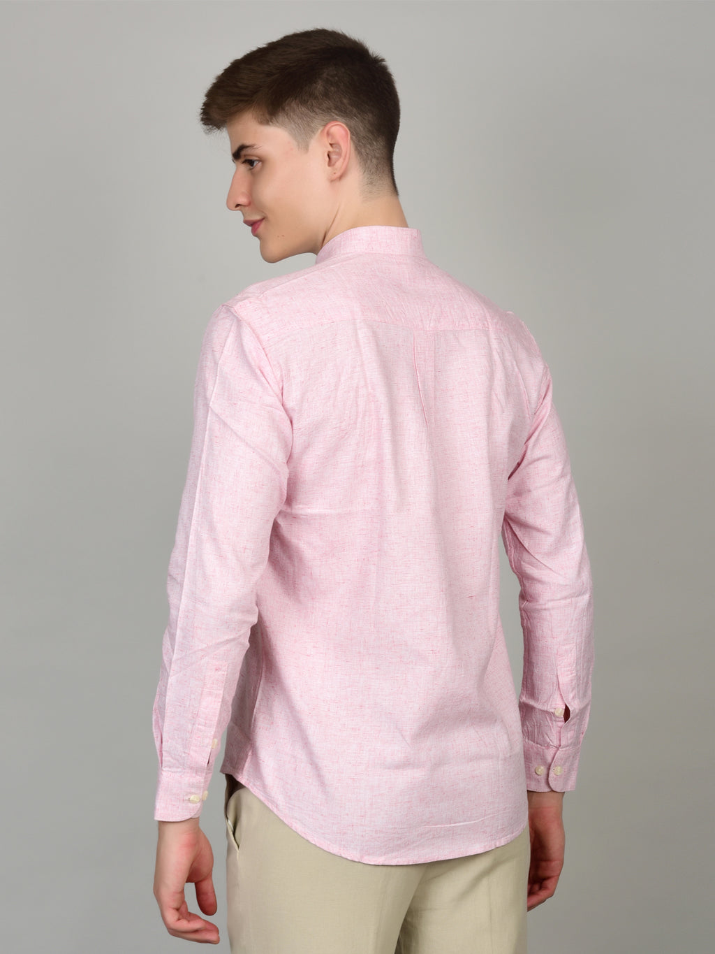 Natural Linen Mandarin Collar Pink Shirt