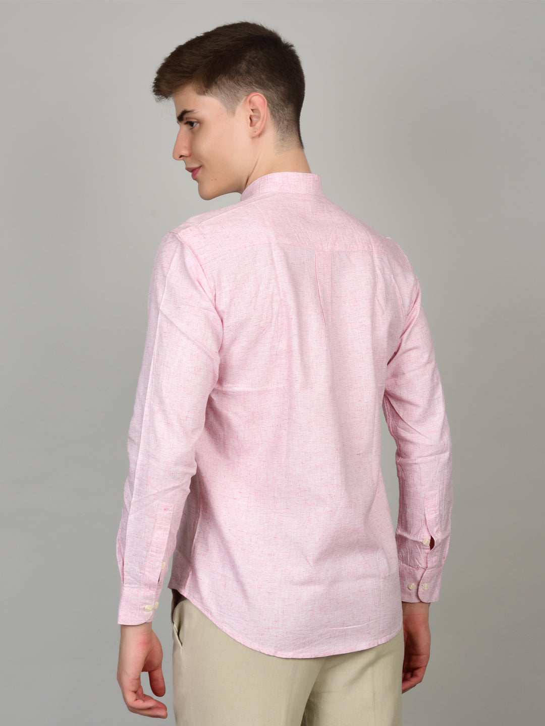 Natural Linen Mandarin Collar Pink Shirt