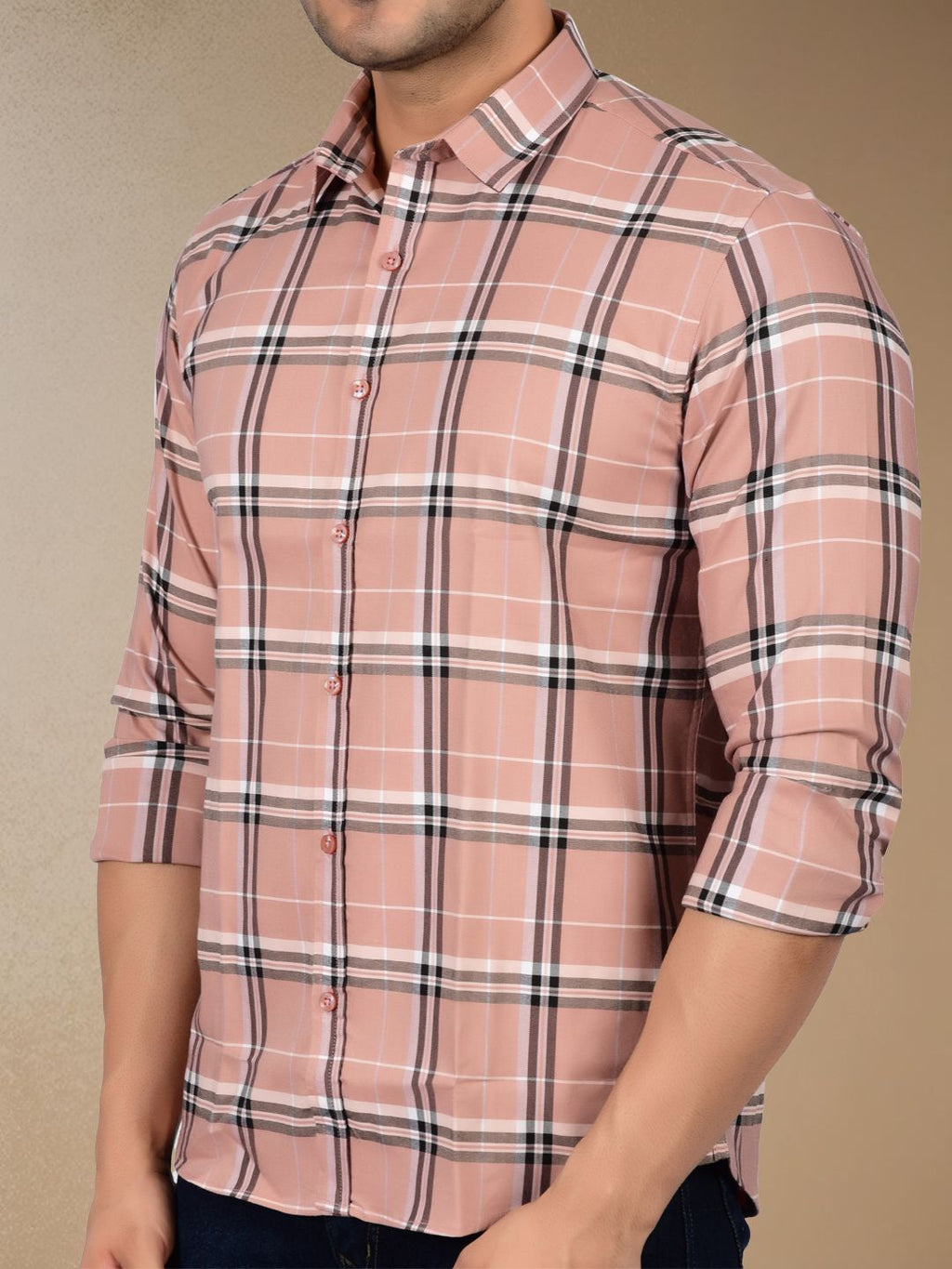 Soft Peach Plaid Check Shirt