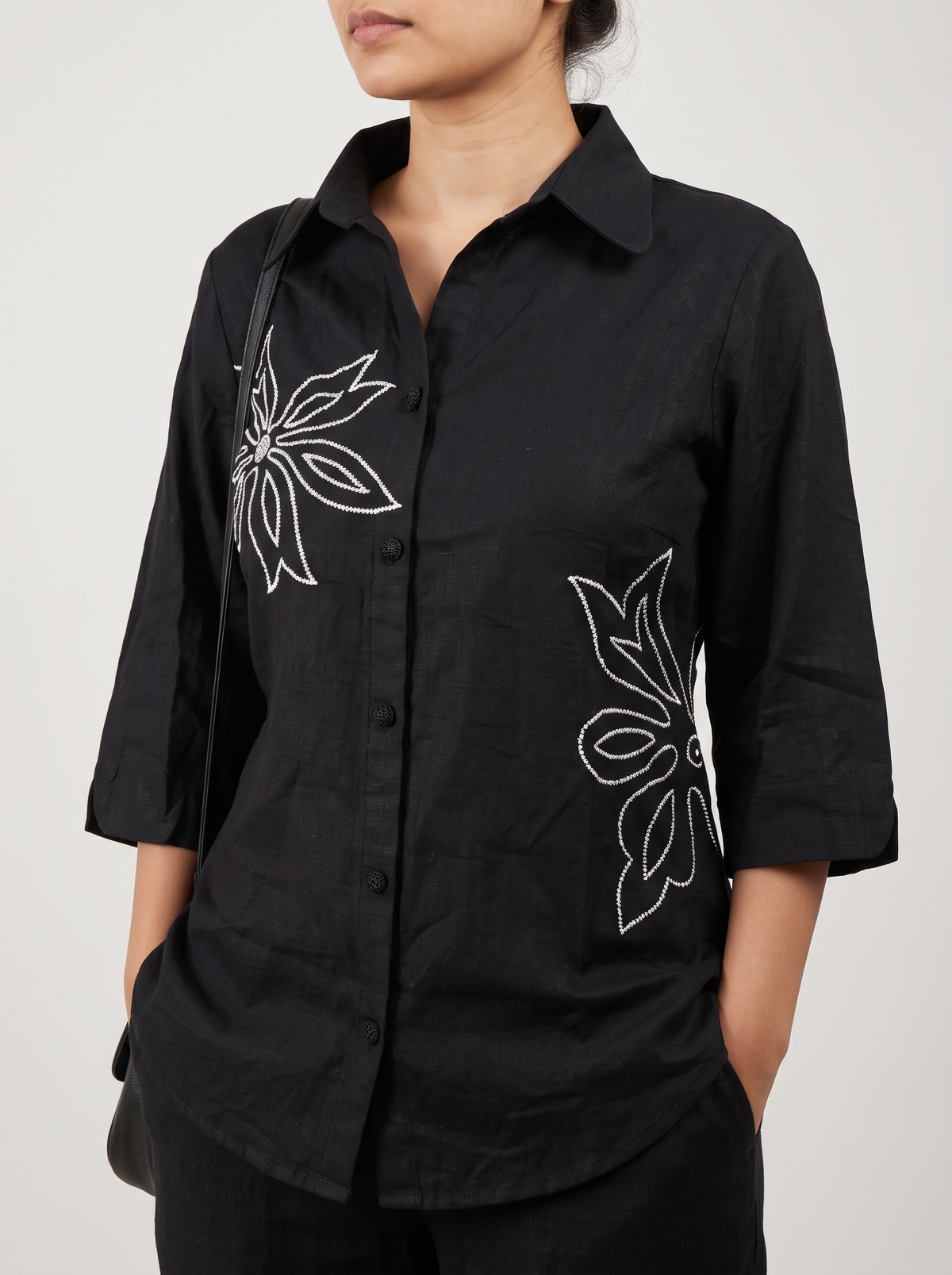 Black Flower Embroidered Linen Top and Pant Co-ord Set