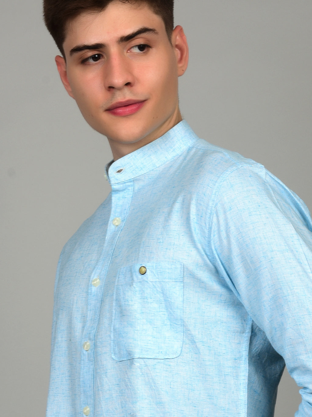 Natural Linen Mandarin Collar Blue Shirt