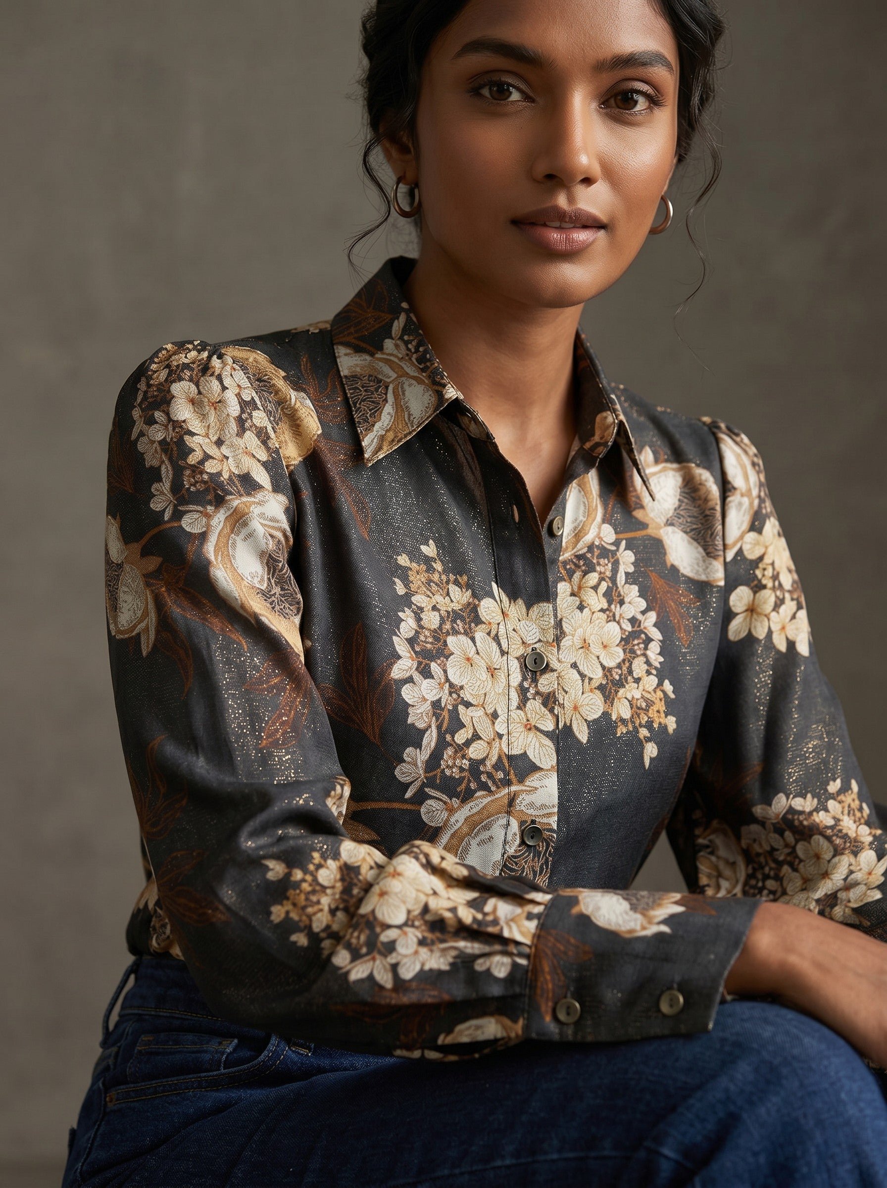 Floral Shimmer Black Printed Party Top