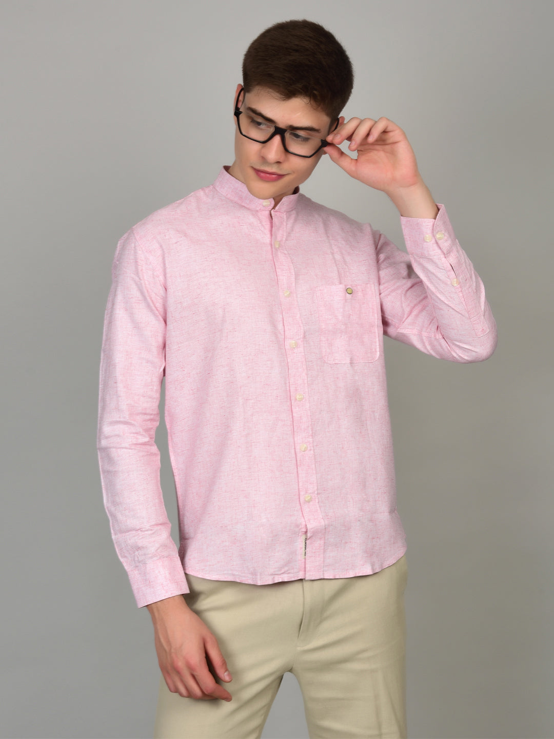 Natural Linen Mandarin Collar Pink Shirt