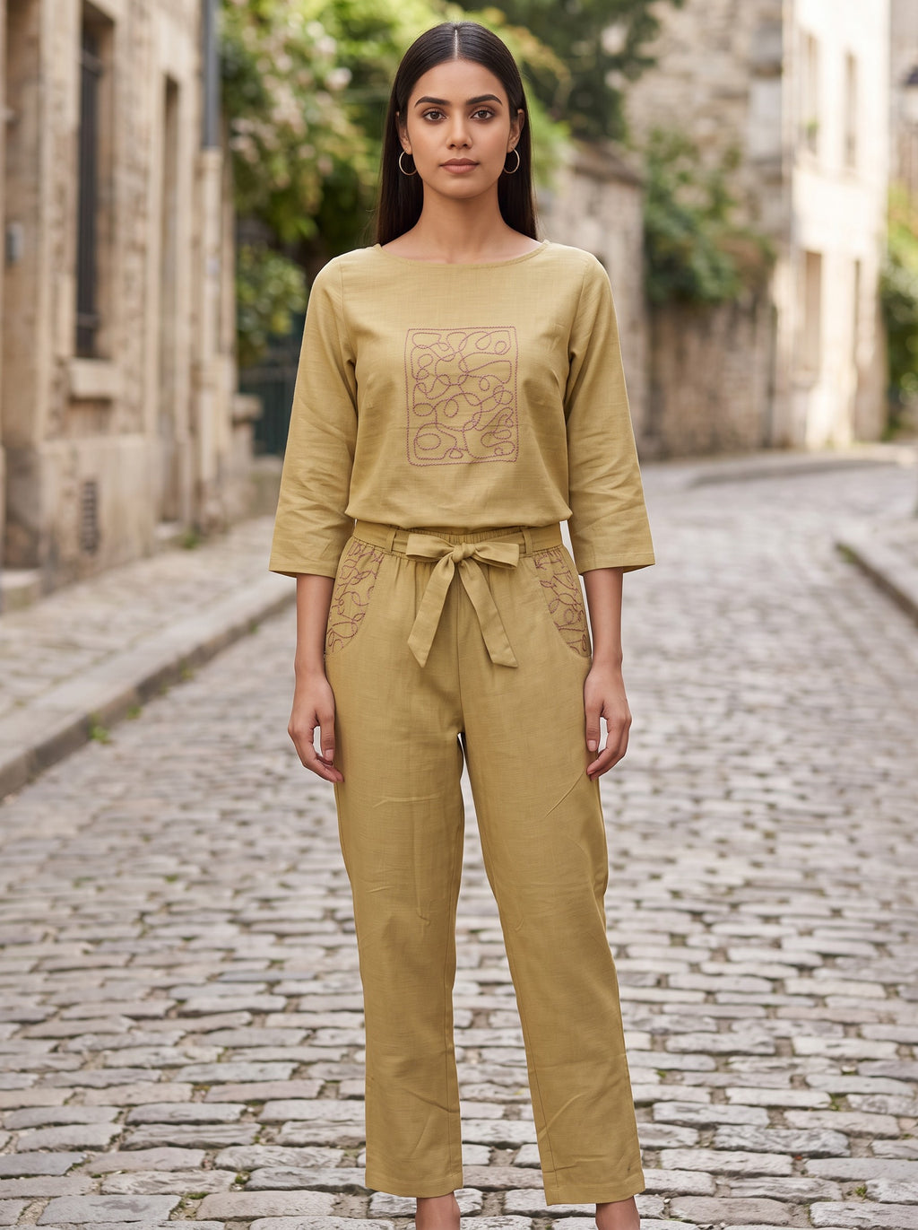 Mustard Linen Embroidered Co-ord