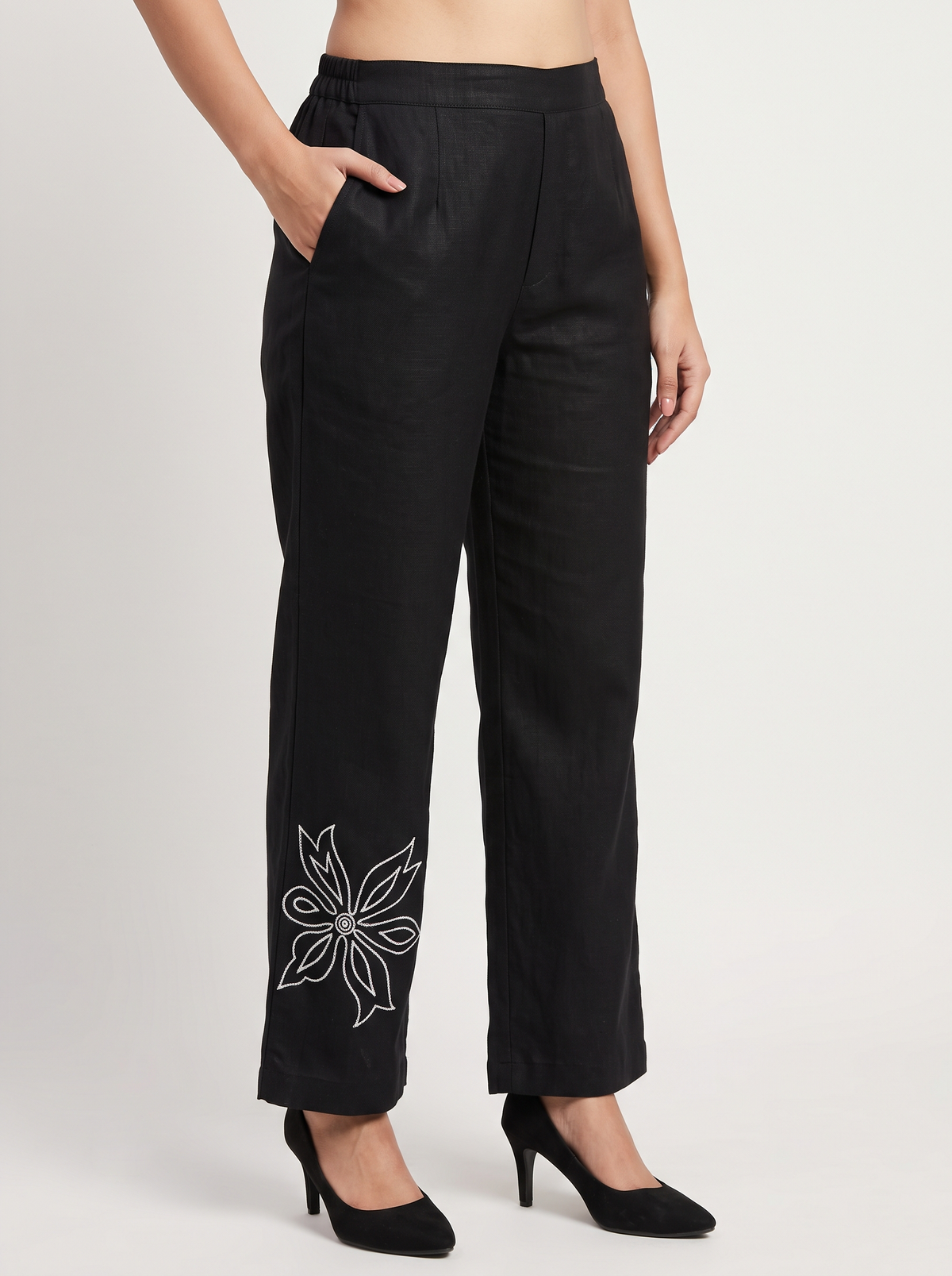 Black Flower Embroidered Linen Top and Pant Co-ord Set