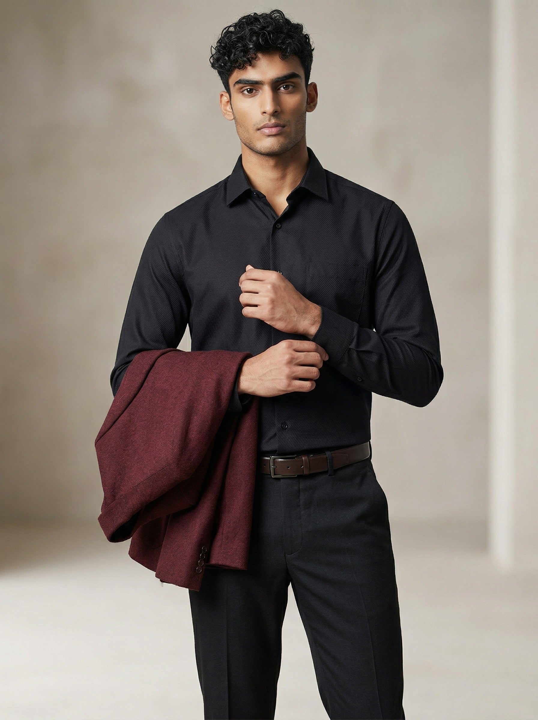 Self Textured Black Formal Shirt