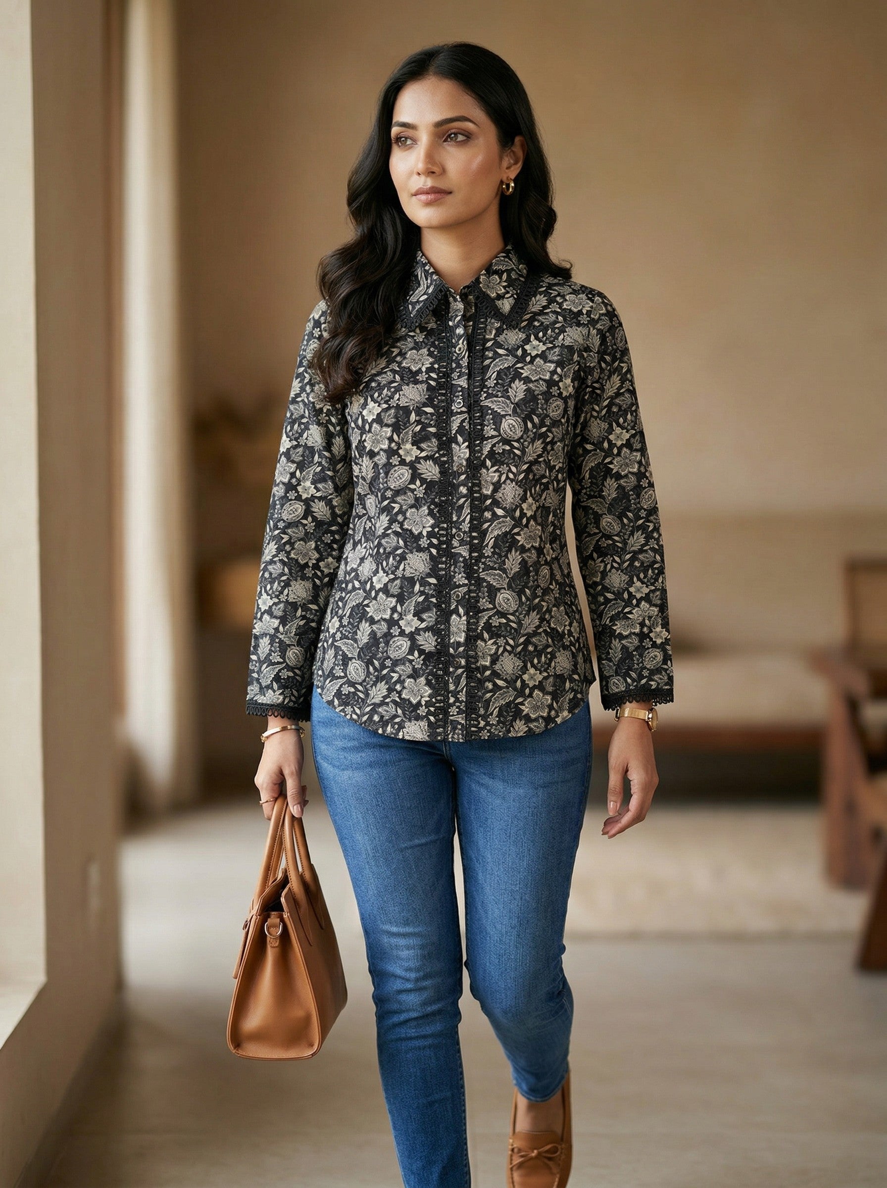 Black Floral Print Lace Top