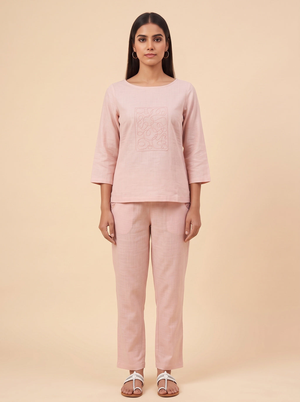Pink Linen Embroidered Co-ord