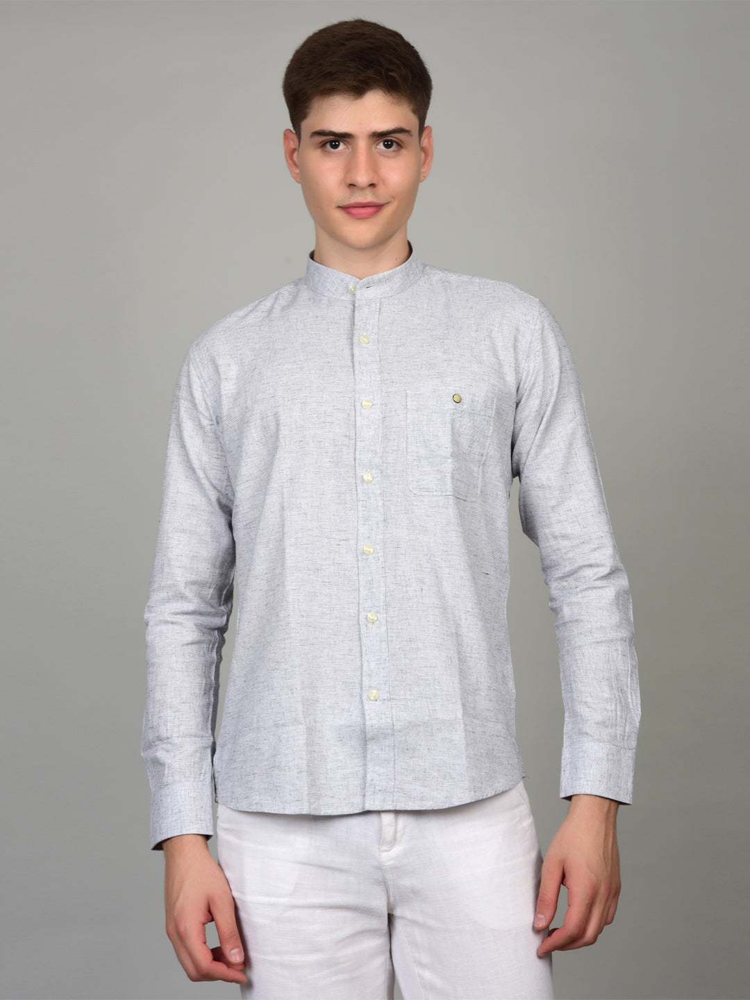 Natural Linen Mandarin Collar Grey Shirt