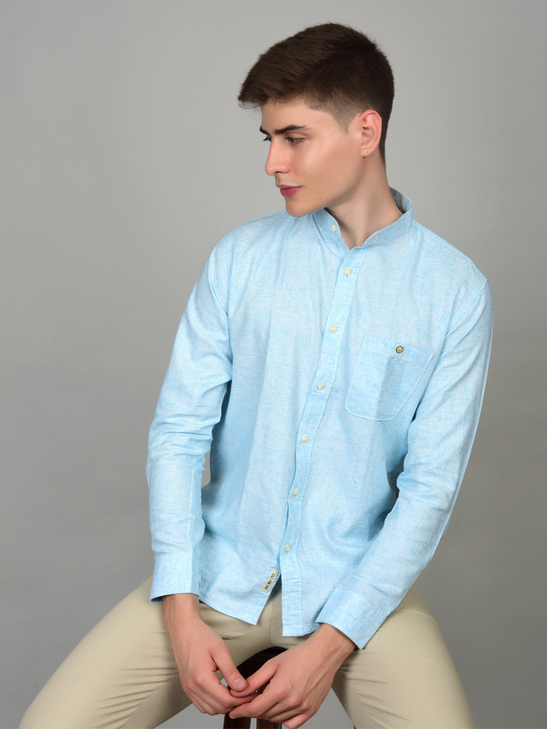 Natural Linen Mandarin Collar Blue Shirt