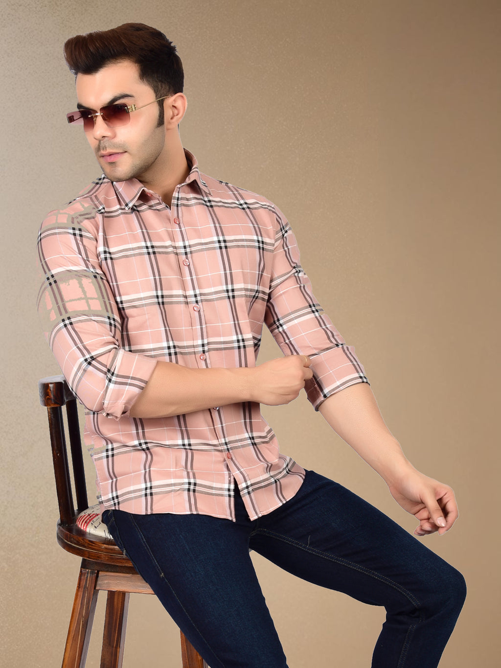 Soft Peach Plaid Check Shirt