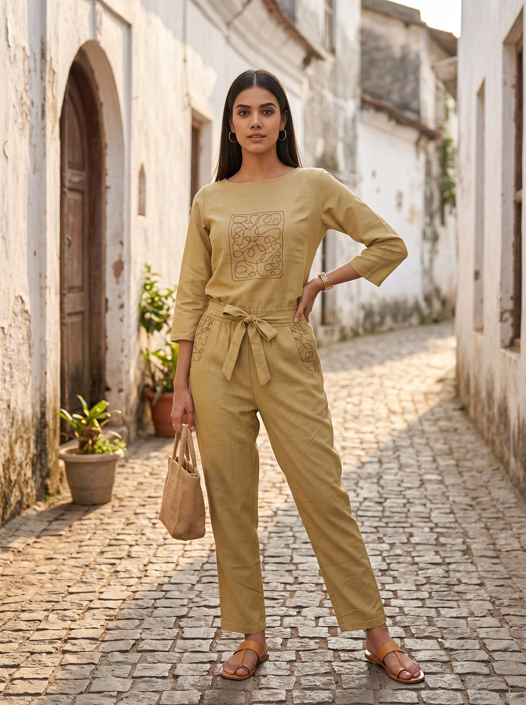 Mustard Linen Embroidered Co-ord